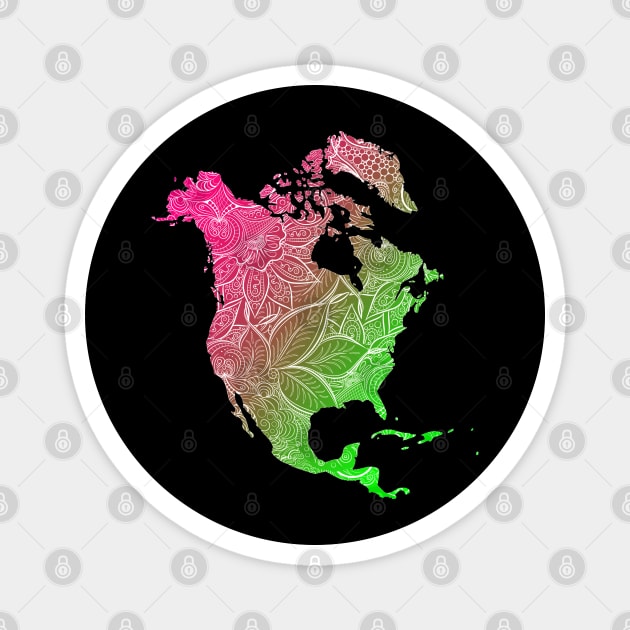 Colorful mandala art map of North America with text in pink and green Magnet by Happy Citizen